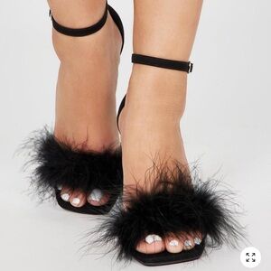 Fashion Nova Black Feather-Trim Ankle Strap Heels